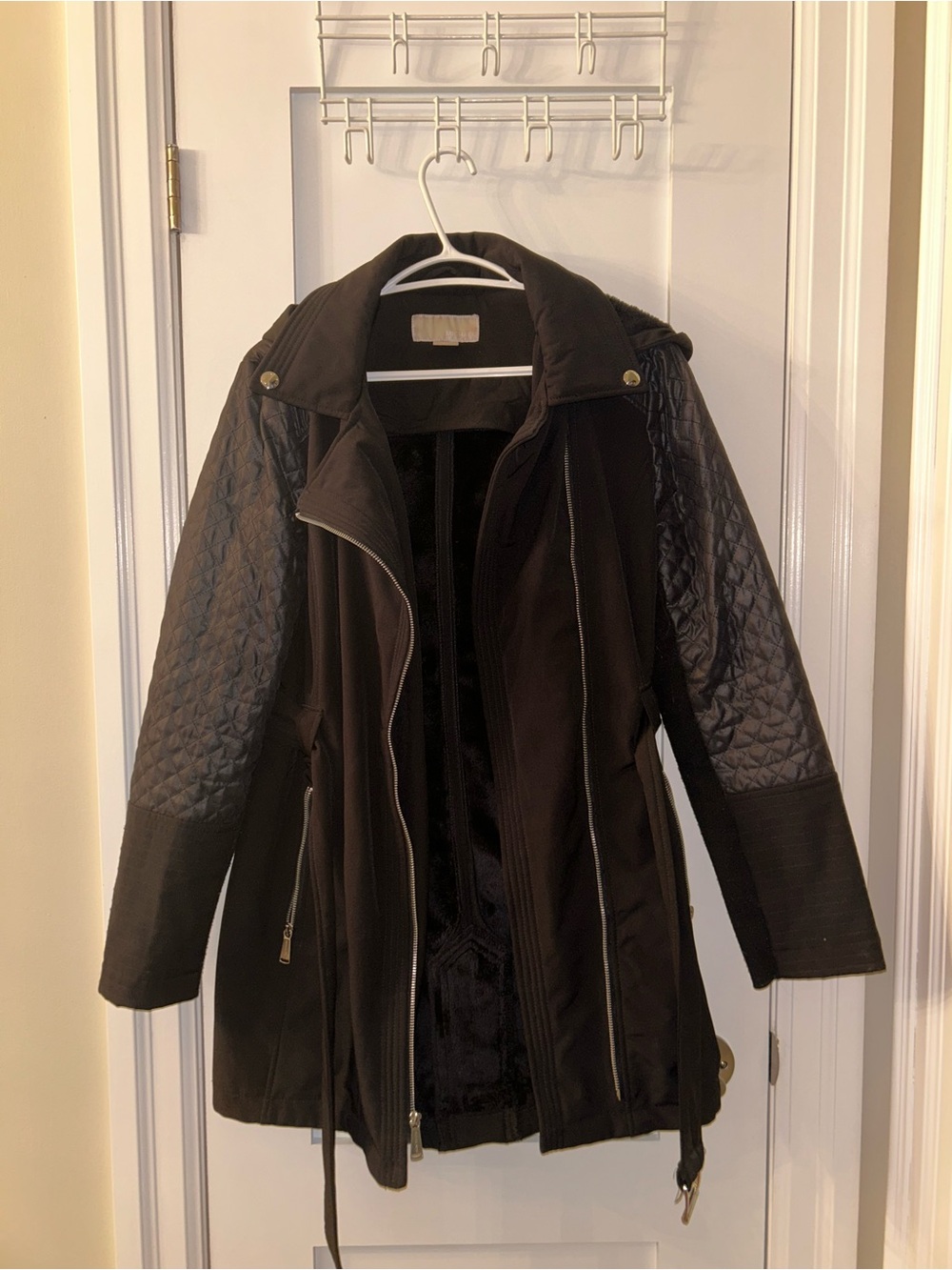 MICHAEL Michael Kors Black Trench Coat with Quilted Sleeves